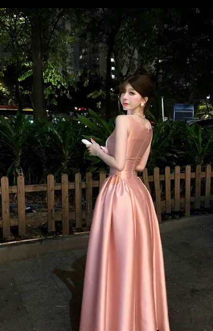 Cute A-Line Pink Long Prom Dress Satin Square Neck Evening Dress Sleeveless Birthday Dres DP04849