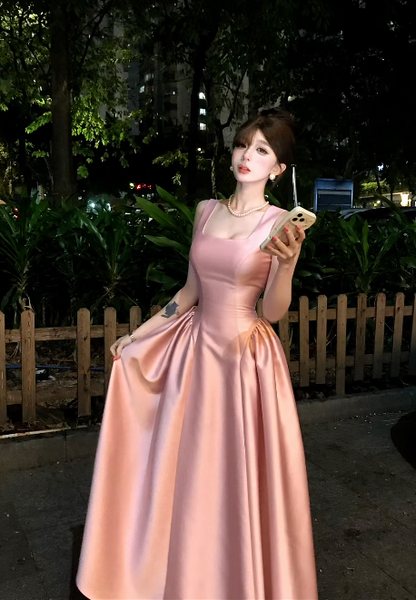 Cute A-Line Pink Long Prom Dress Satin Square Neck Evening Dress Sleeveless Birthday Dres DP04849