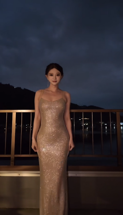 Chic Sheath Gold Long Prom Dress Sequins Spaghetti Straps Evening Dress Backless Birthday Dress DP04852