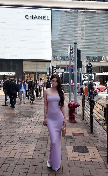 Chic Sheath Purple Long Prom Dress Satin Spaghetti Straps Evening Dress Sleeveless Birthday Dress DP04853