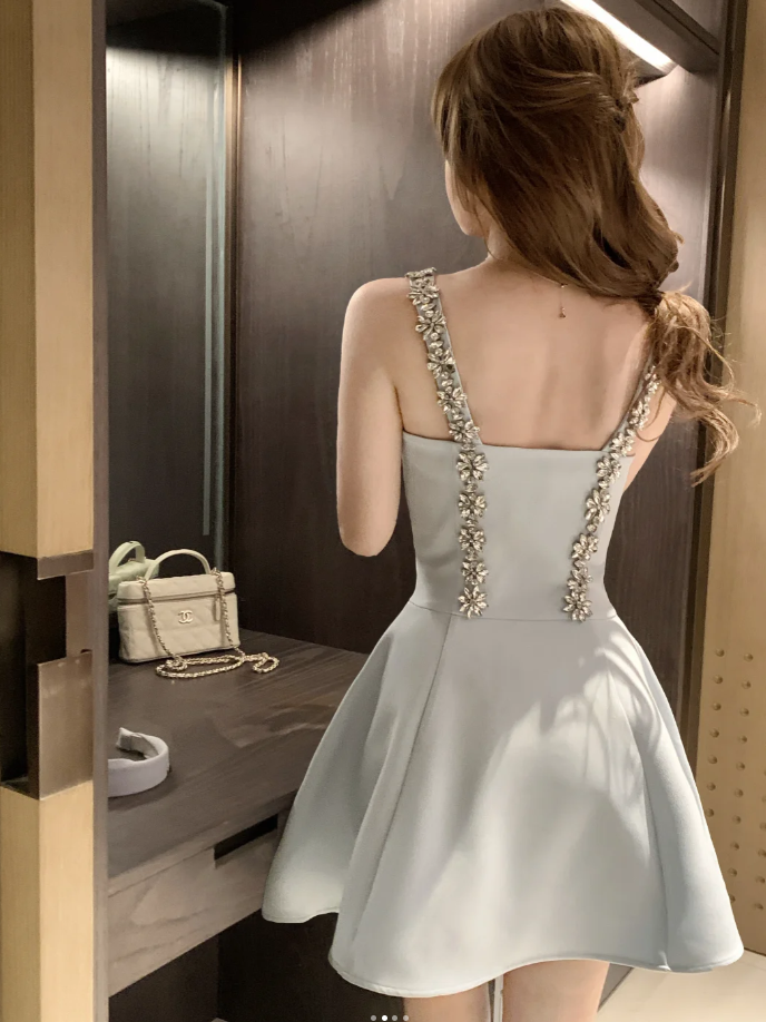 pale blue a line dress Fairy A-Line Pale Blue Short Prom Dress Satin Straps Evening Dress Sle – DivineProm