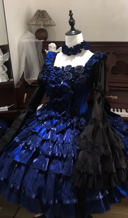 Fairy Ball Gown Royal Blue Lolita Dress Satin Lace Square Birthday Dress Long Sleeves Short Prom Dress DP04866