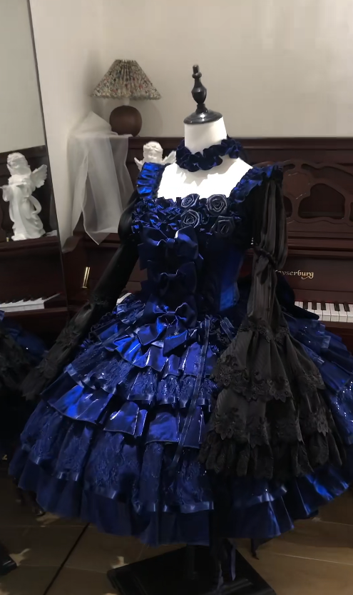 Fairy Ball Gown Royal Blue Lolita Dress Satin Lace Square Birthday Dress Long Sleeves Short Prom Dress DP04866