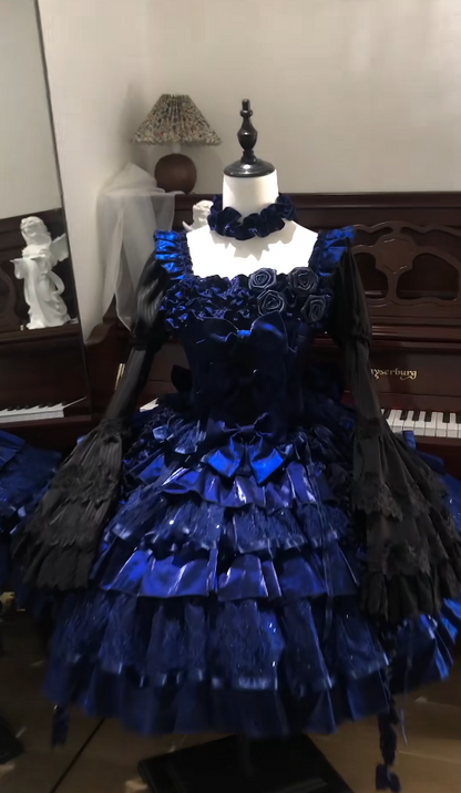 Fairy Ball Gown Royal Blue Lolita Dress Satin Lace Square Birthday Dress Long Sleeves Short Prom Dress DP04866