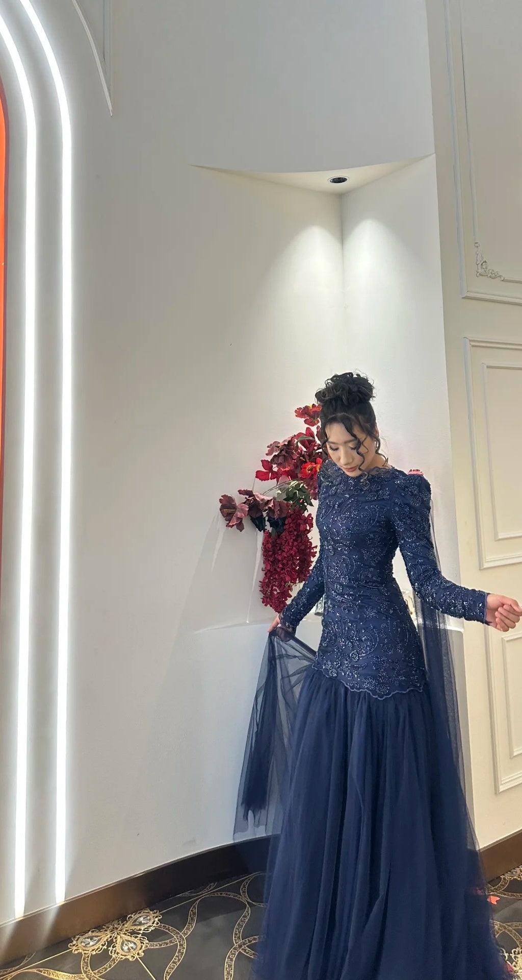 Elegant Sheath Navy Blue Long Prom Dress Jewel Tulle Beaded Evening Dress Long Sleeves Formal Dress DP04867