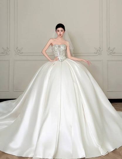 Gorgeous A-Line White Long Wedding Dress Satin Bridal Dress Sleeveless Bridal Gown DP04869