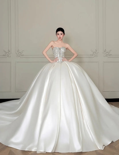 Gorgeous A-Line White Long Wedding Dress Satin Bridal Dress Sleeveless Bridal Gown DP04869