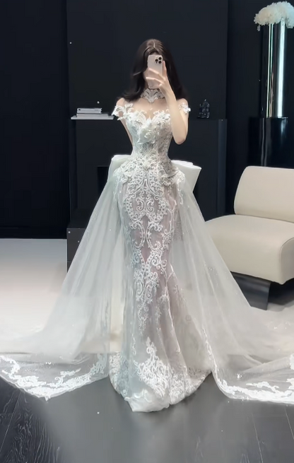 Gorgeous Mermaid White Long Wedding Dress Tulle Applique Bridal Dress Sleeveless Bridal Gown DP04870