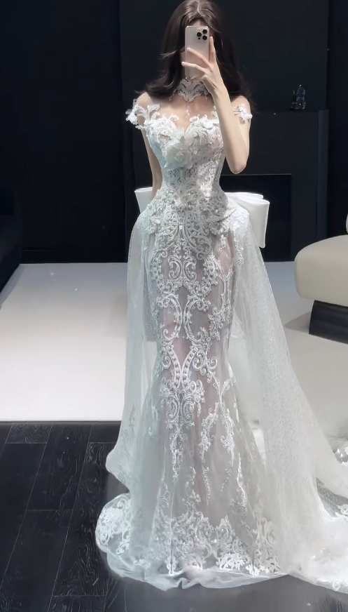 Gorgeous Mermaid White Long Wedding Dress Tulle Applique Bridal Dress Sleeveless Bridal Gown DP04870