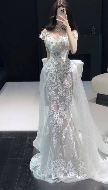 Gorgeous Mermaid White Long Wedding Dress Tulle Applique Bridal Dress Sleeveless Bridal Gown DP04870