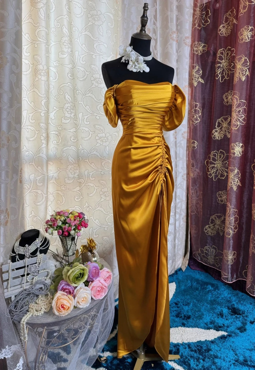 Elegant Yellow Long Prom Dress Satin Sheath Sleeveless Evening Dress with Slit DP04871