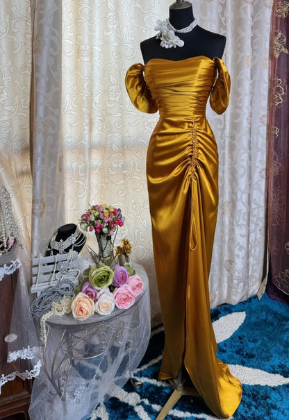 Elegant Yellow Long Prom Dress Satin Sheath Sleeveless Evening Dress with Slit DP04871