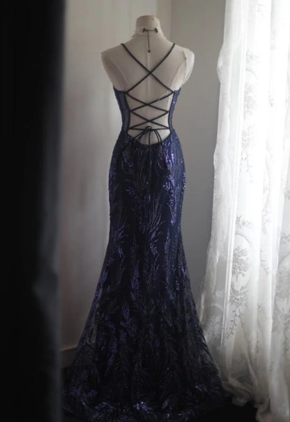 Cute  Navy Blue Long Prom Dress Beaded Tulle Mermaid Sleeveless Evening Dress DP04877
