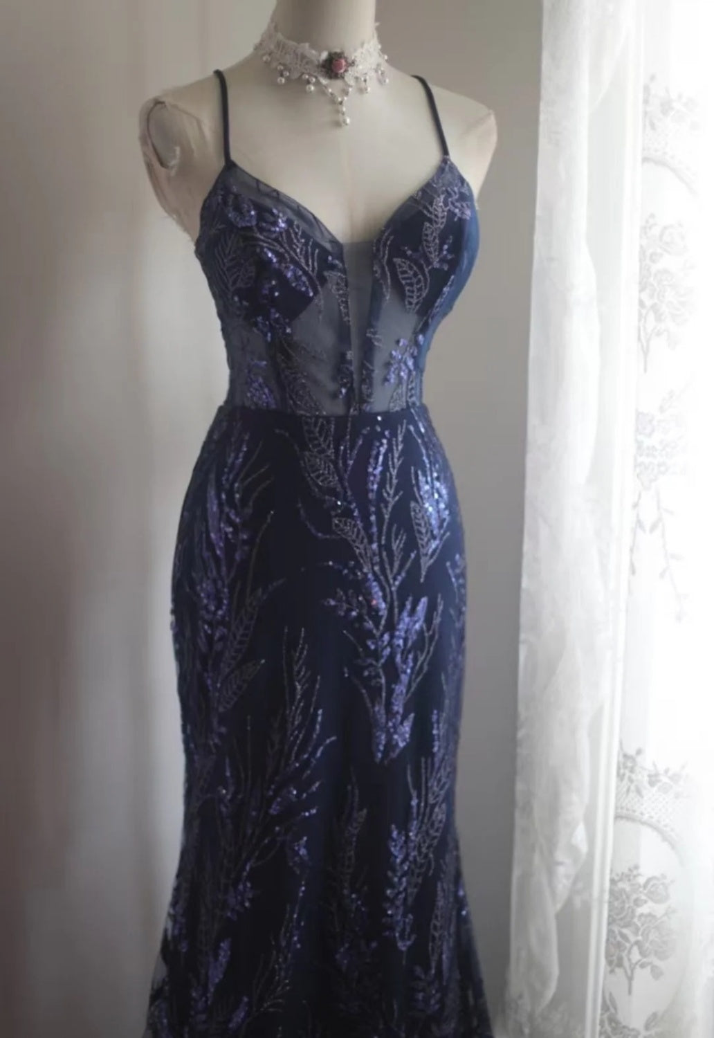 Cute  Navy Blue Long Prom Dress Beaded Tulle Mermaid Sleeveless Evening Dress DP04877