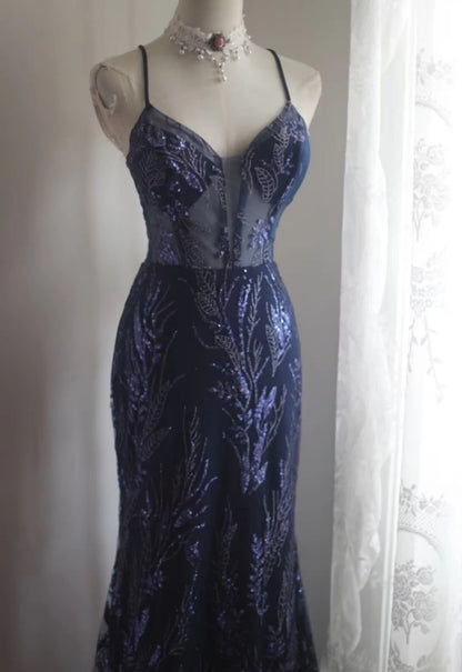 Cute  Navy Blue Long Prom Dress Beaded Tulle Mermaid Sleeveless Evening Dress DP04877