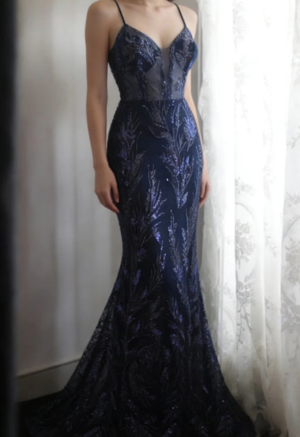 Cute  Navy Blue Long Prom Dress Beaded Tulle Mermaid Sleeveless Evening Dress DP04877