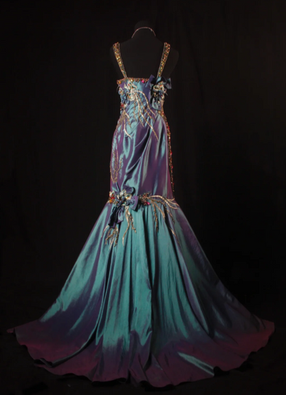 Elegant Blue Long Prom Dress Satin Beaded Spaghetti Straps Party Dress Mermaid Sleeveless Evening Dress   DP04879