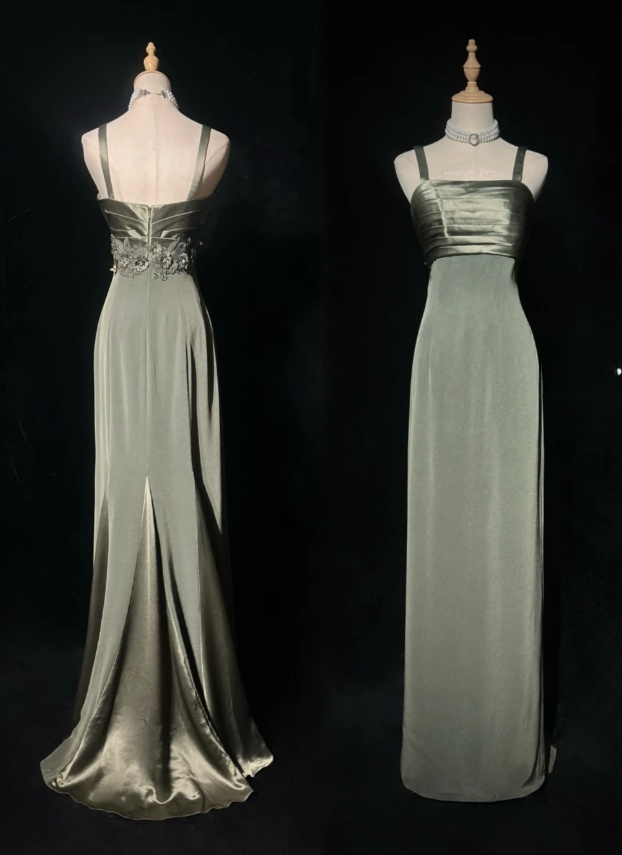 Chic Green Long Prom Dress Chiffon Straps Party Dress Sheath Sleeveless Evening Dress  DP04881