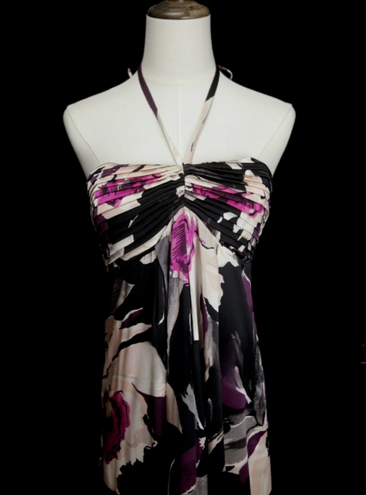Chic Black Long Prom Dress Chiffon Halter Floral Party Dress Sheath Sleeveless Evening Dress DP04873