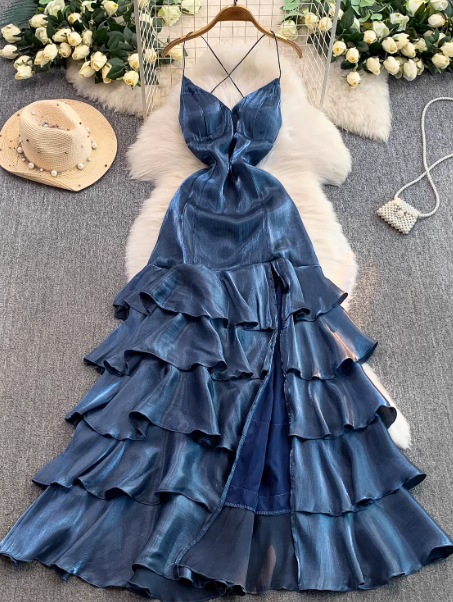 Chic Gray Blue Prom Dress Satin Spaghetti Straps Party Dress Sheath Sleeveless Evening Dress DP04887