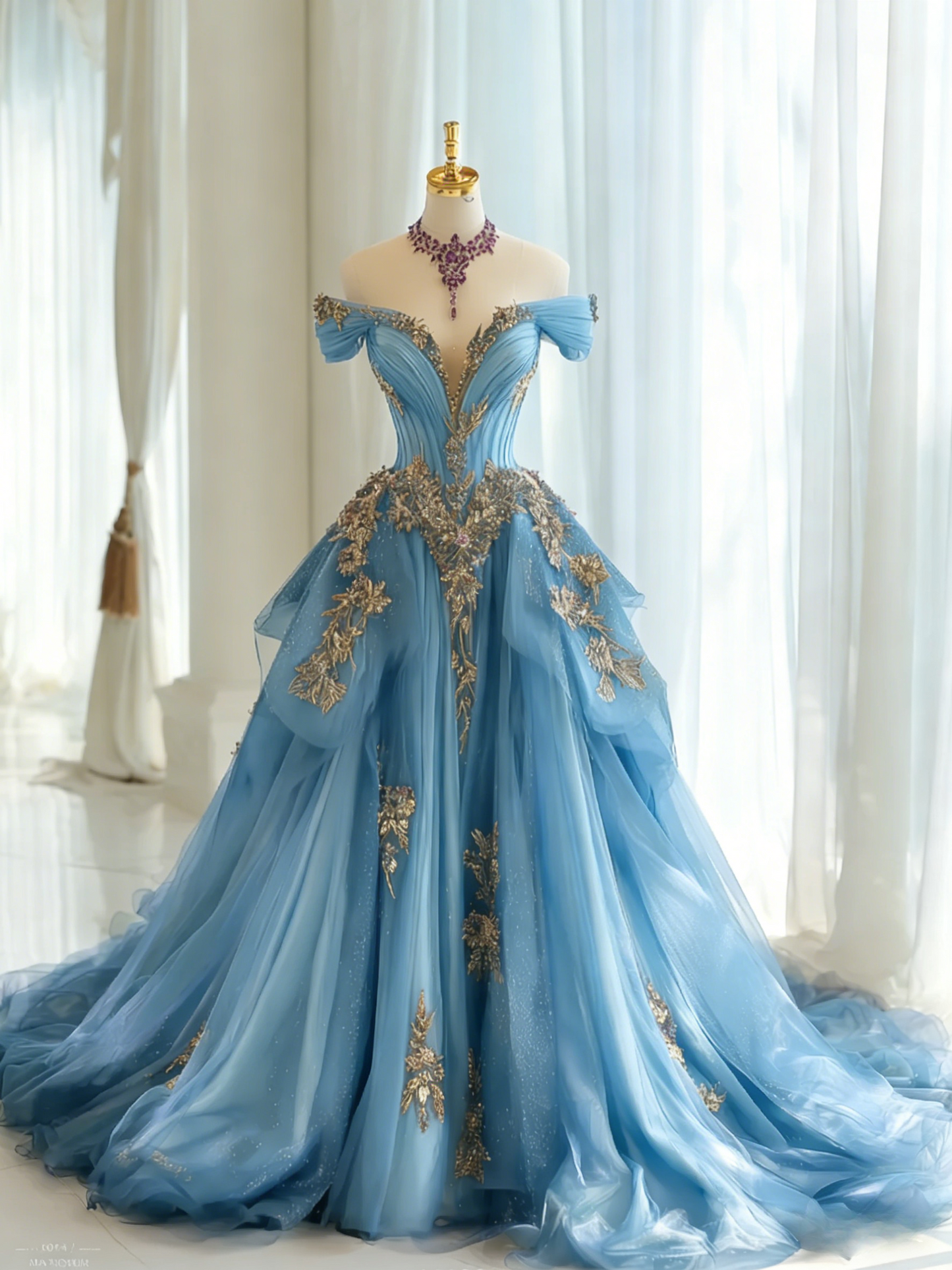 Cute Blue Long Prom Dresses  Appliques Tulle A-line Evening Dress Off-shoulder Birthday Dress DP04916