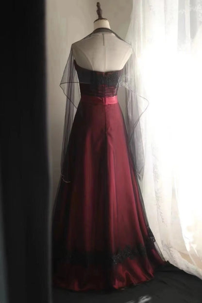 Chic Burgundy Long Prom Dresses  Tulle A-line Evening Dress Strapless Birthday Dress DP04918