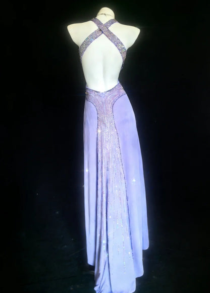 Elegant Lilac Long Prom Dresses Chiffon Beaded V-neck Mermaid Evening Dress Backless Party Dress DP04919