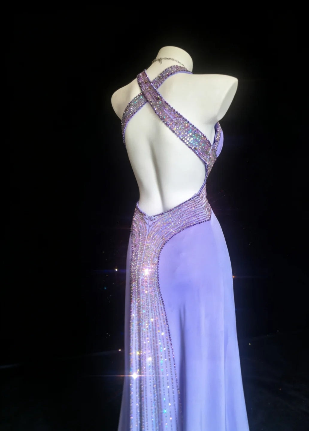 Elegant Lilac Long Prom Dresses Chiffon Beaded V-neck Mermaid Evening Dress Backless Party Dress DP04919