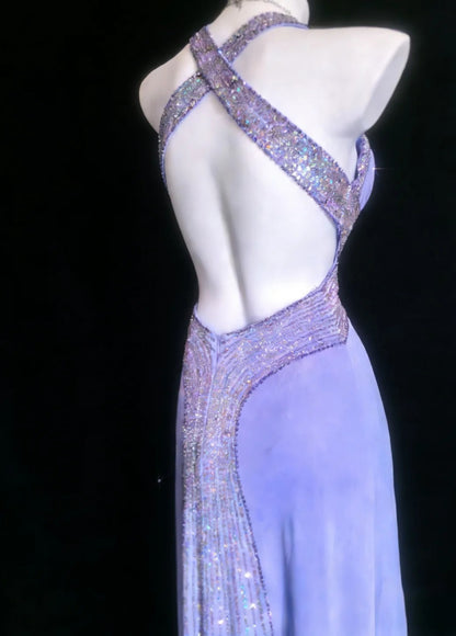 Elegant Lilac Long Prom Dresses Chiffon Beaded V-neck Mermaid Evening Dress Backless Party Dress DP04919