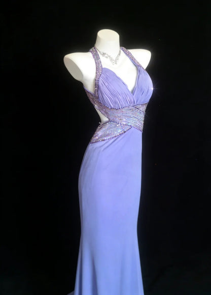 Elegant Lilac Long Prom Dresses Chiffon Beaded V-neck Mermaid Evening Dress Backless Party Dress DP04919