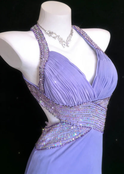 Elegant Lilac Long Prom Dresses Chiffon Beaded V-neck Mermaid Evening Dress Backless Party Dress DP04919