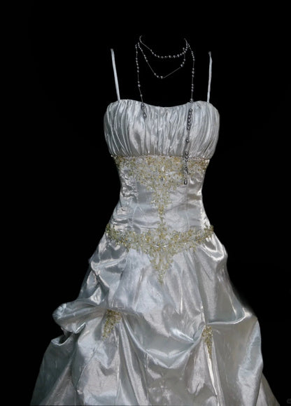 Elegant White Long Prom Dresses Beaded Satin Spaghetti Straps Sheath Evening Dress Sleeveless Birthday Dress DP04924