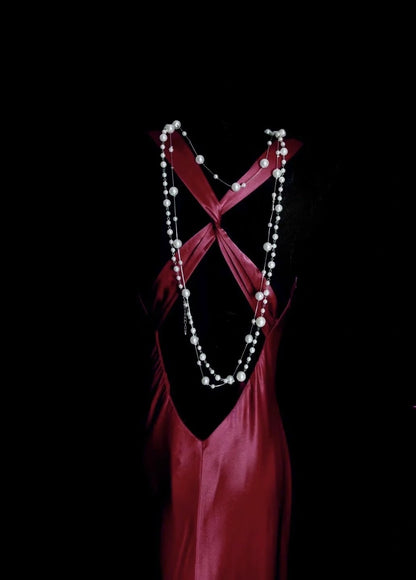 Elegant V-neck Red Long Prom Dresses Beaded Satin Sheath Evening Dress  Backless Sleeveless Birthday Dress DP04936