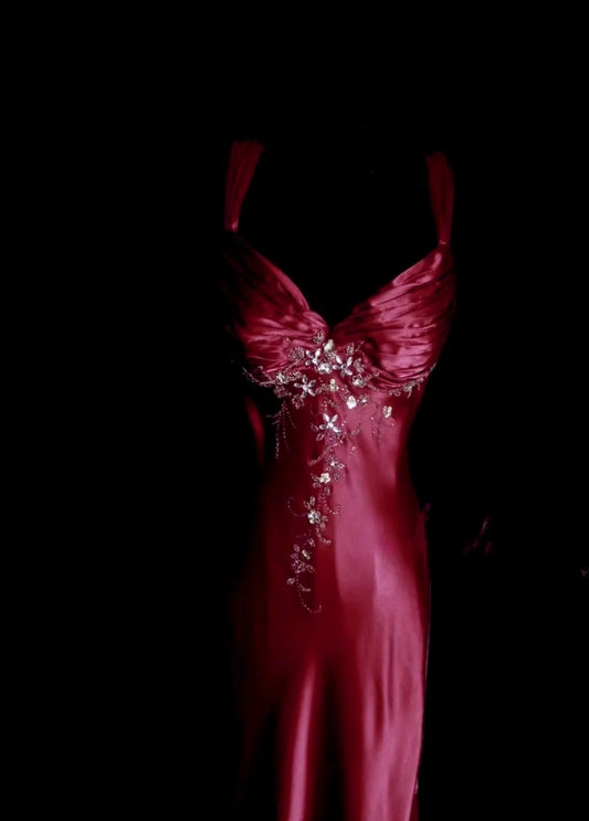 Elegant V-neck Red Long Prom Dresses Beaded Satin Sheath Evening Dress  Backless Sleeveless Birthday Dress DP04936