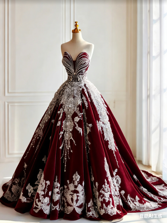 Elegant Sweetheart Burgundy Long Prom Dresses Tulle Appliques A-Line Quinceanera Dress Sleeveless Sweet 16 Dress DP04939