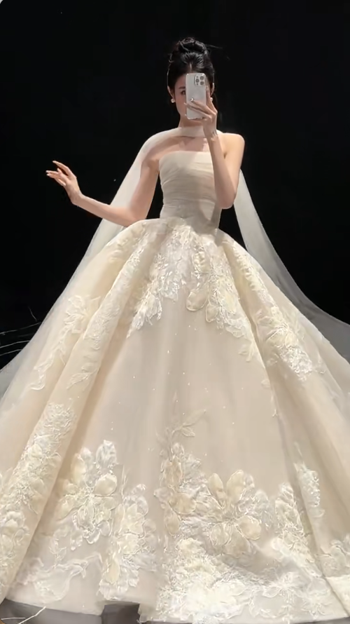 Luxury A-Line Long Wedding Dress Strapless Applqiues Tulle White Bridal Dress Sleeveless Bridal Gowns DP04947