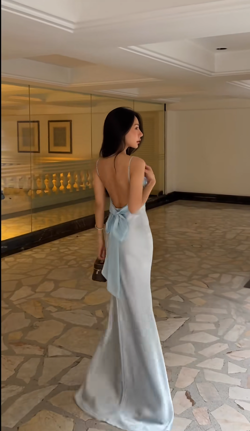 Sexy Pale Blue Long Prom Dresses Backless Sheath Evening Dress Satin Birthday Dress Sleeveless Wedding Guest Dress DP04949