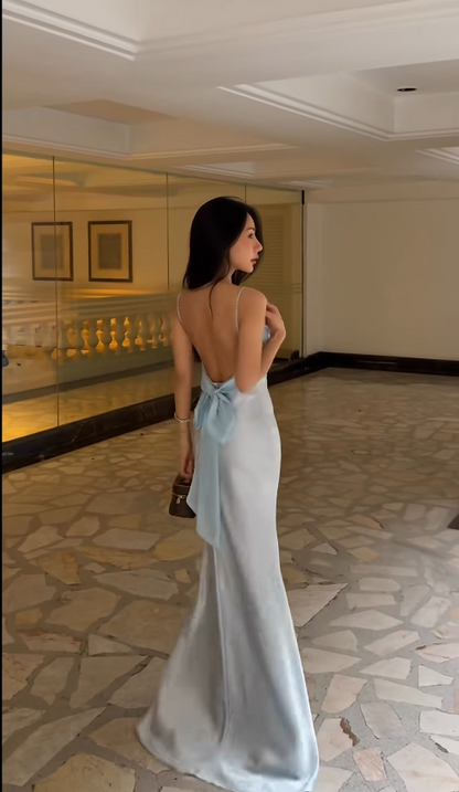 Sexy Pale Blue Long Prom Dresses Backless Sheath Evening Dress Satin Birthday Dress Sleeveless Wedding Guest Dress DP04949