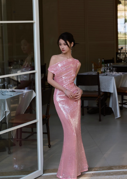 Sexy Pink Long Prom Dress Off-shoulder Sheath Evening Dress Sequins Sleeveless Birthday Dress DP04952