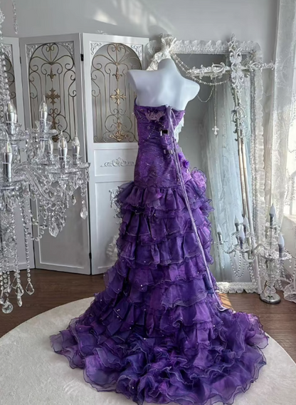 Gorgeous Purple Hi-lo Prom Dress Strapless Sheath Evening Dress Tulle Appliques Sleeveless Birthday Dress DP04953
