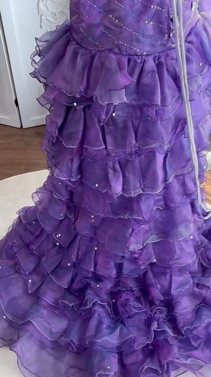Gorgeous Purple Hi-lo Prom Dress Strapless Sheath Evening Dress Tulle Appliques Sleeveless Birthday Dress DP04953