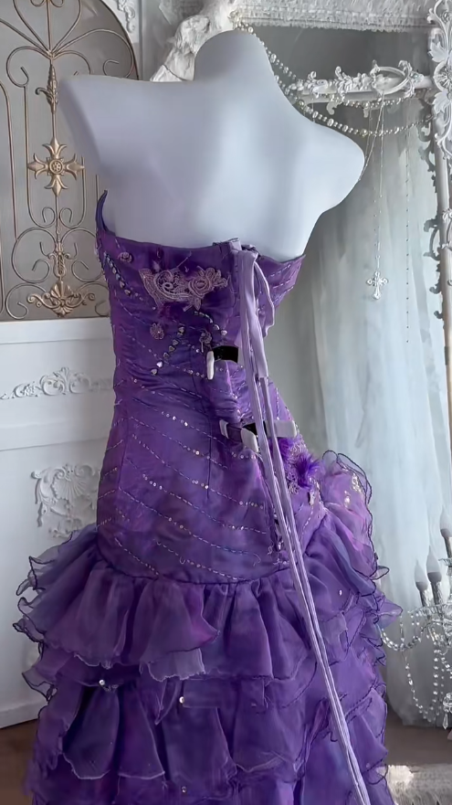 Gorgeous Purple Hi-lo Prom Dress Strapless Sheath Evening Dress Tulle Appliques Sleeveless Birthday Dress DP04953