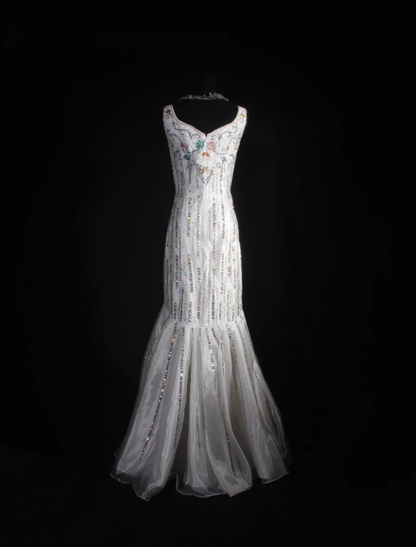 Vintage White Long Prom Dress Straps Mermaid Evening Dress Sequins Beaded Tulle Sleeveless Birthday Dress DP04961
