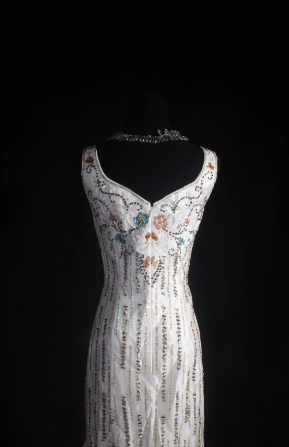 Vintage White Long Prom Dress Straps Mermaid Evening Dress Sequins Beaded Tulle Sleeveless Birthday Dress DP04961