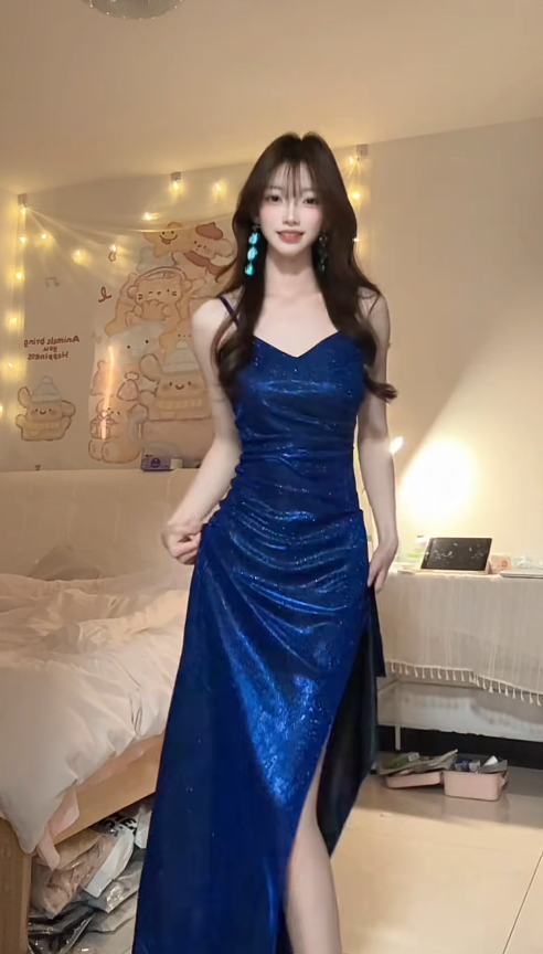 Sparkly Navy Blue Long Prom Dresses Satin Spaghetti Straps Sheath Evening Dress with Slit DP04964