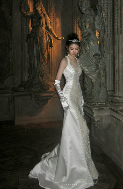 Chic White Long Prom Dresses Beaded Satin V-neck Mermaid Evening Dress DP04967