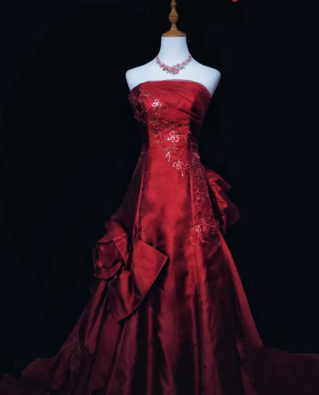 Chic Burgundy Long Prom Dresses Satin Strapless A-Line  Evening Dress   DP04969