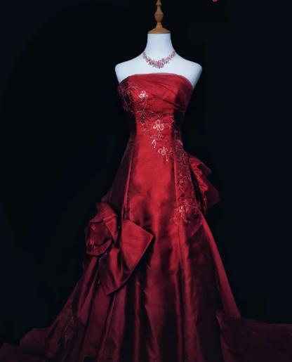 Chic Burgundy Long Prom Dresses Satin Strapless A-Line  Evening Dress   DP04969