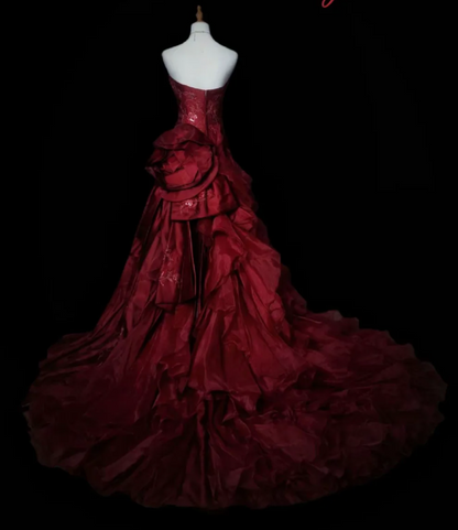 Chic Burgundy Long Prom Dresses Satin Strapless A-Line  Evening Dress   DP04969