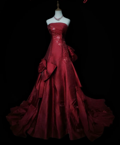 Chic Burgundy Long Prom Dresses Satin Strapless A-Line  Evening Dress   DP04969